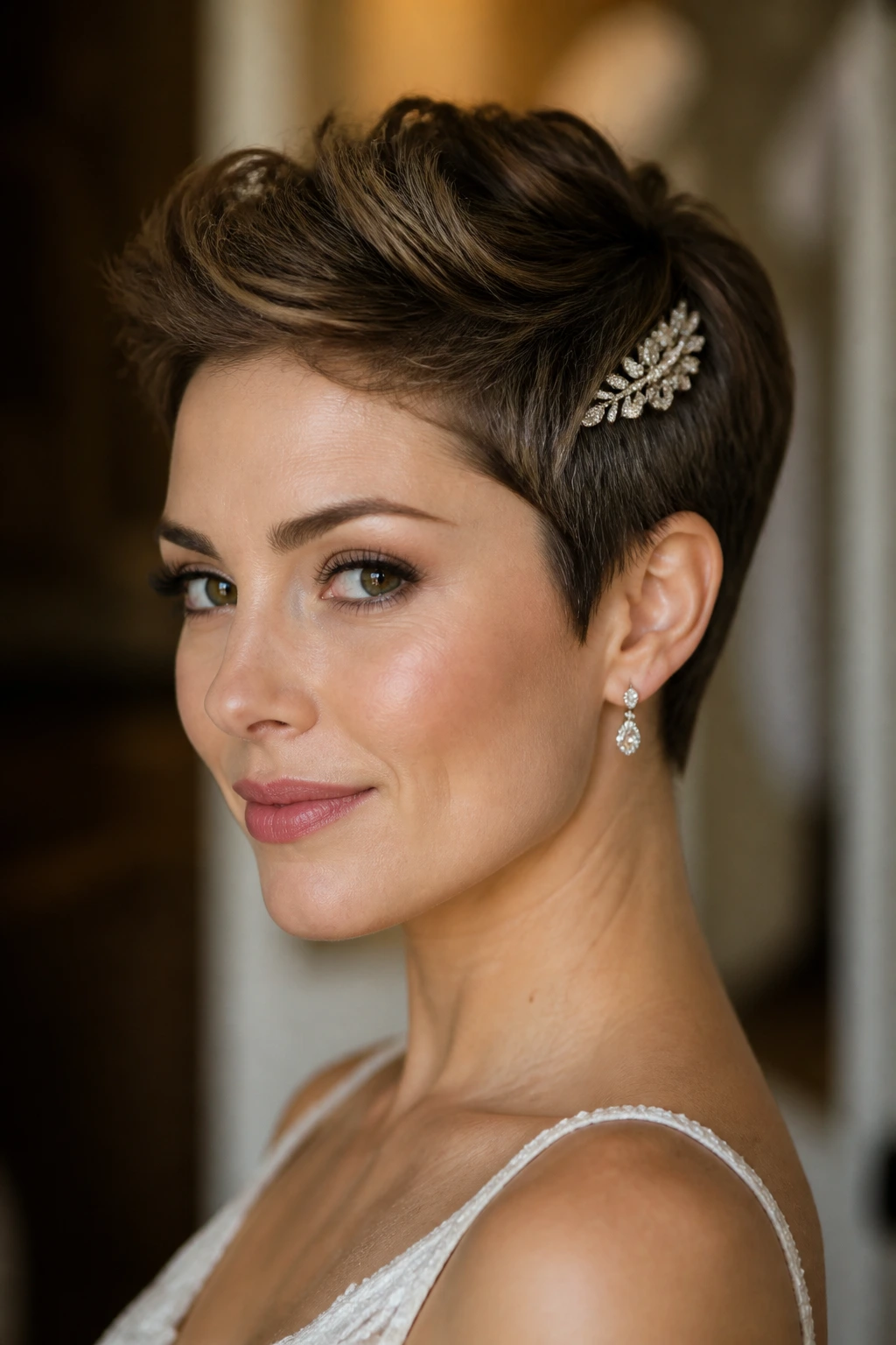 Pixie cut bride with jeweled clip at temple