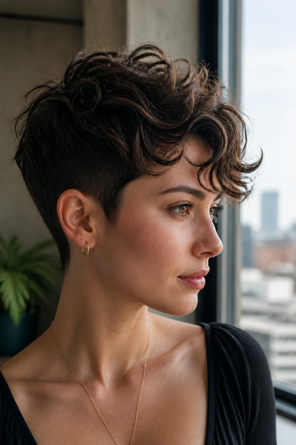 Portrait of person with longer crown pixie showing bend in waves, sides shorter, in warm indoor light