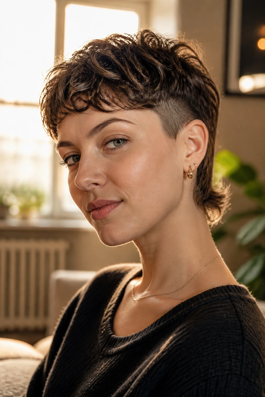 Close-up portrait of a real person with pixie-length mullet featuring cropped sides and tiny nape kick