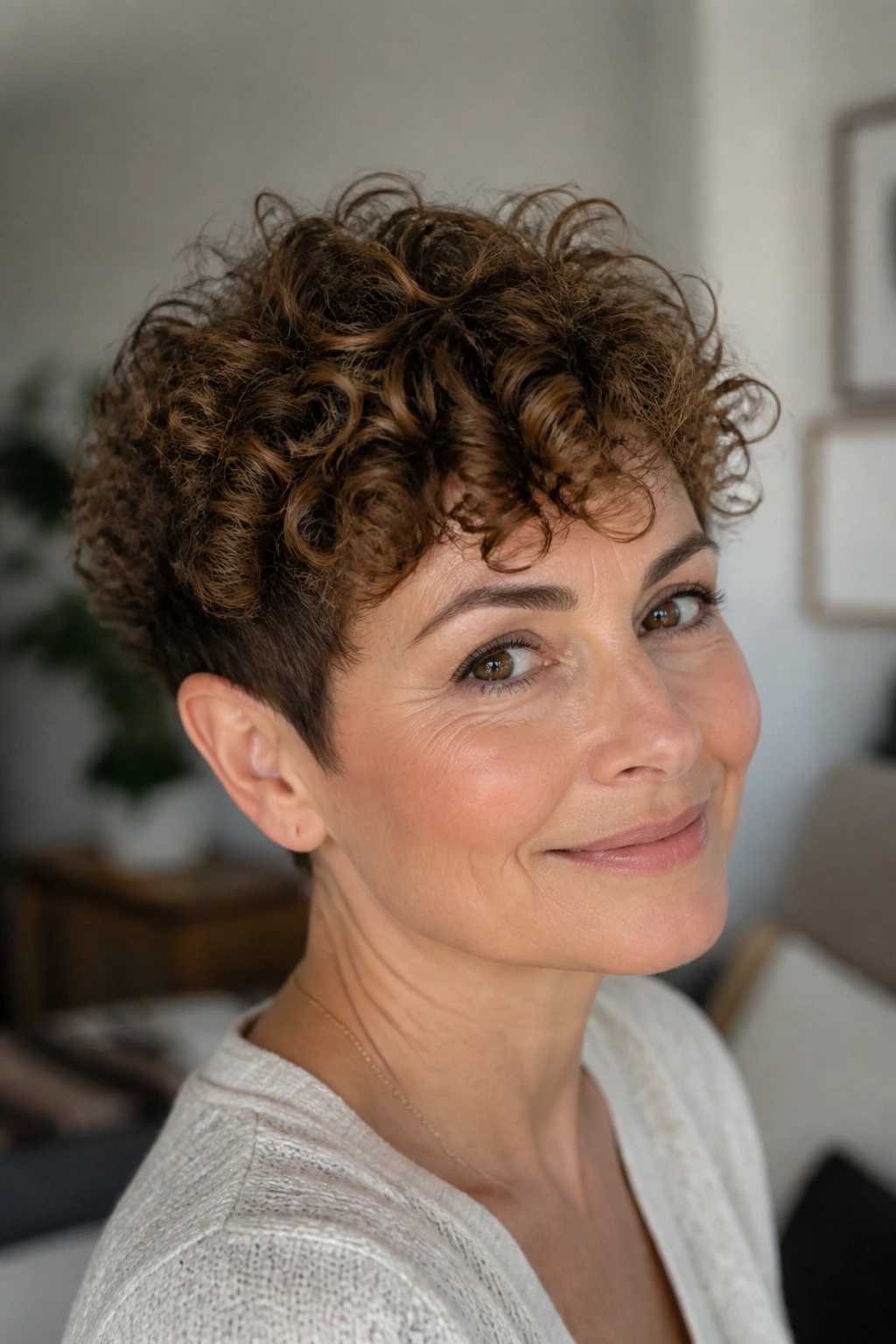 Close-up portrait of a real woman with a soft curly pixie and lifted crown