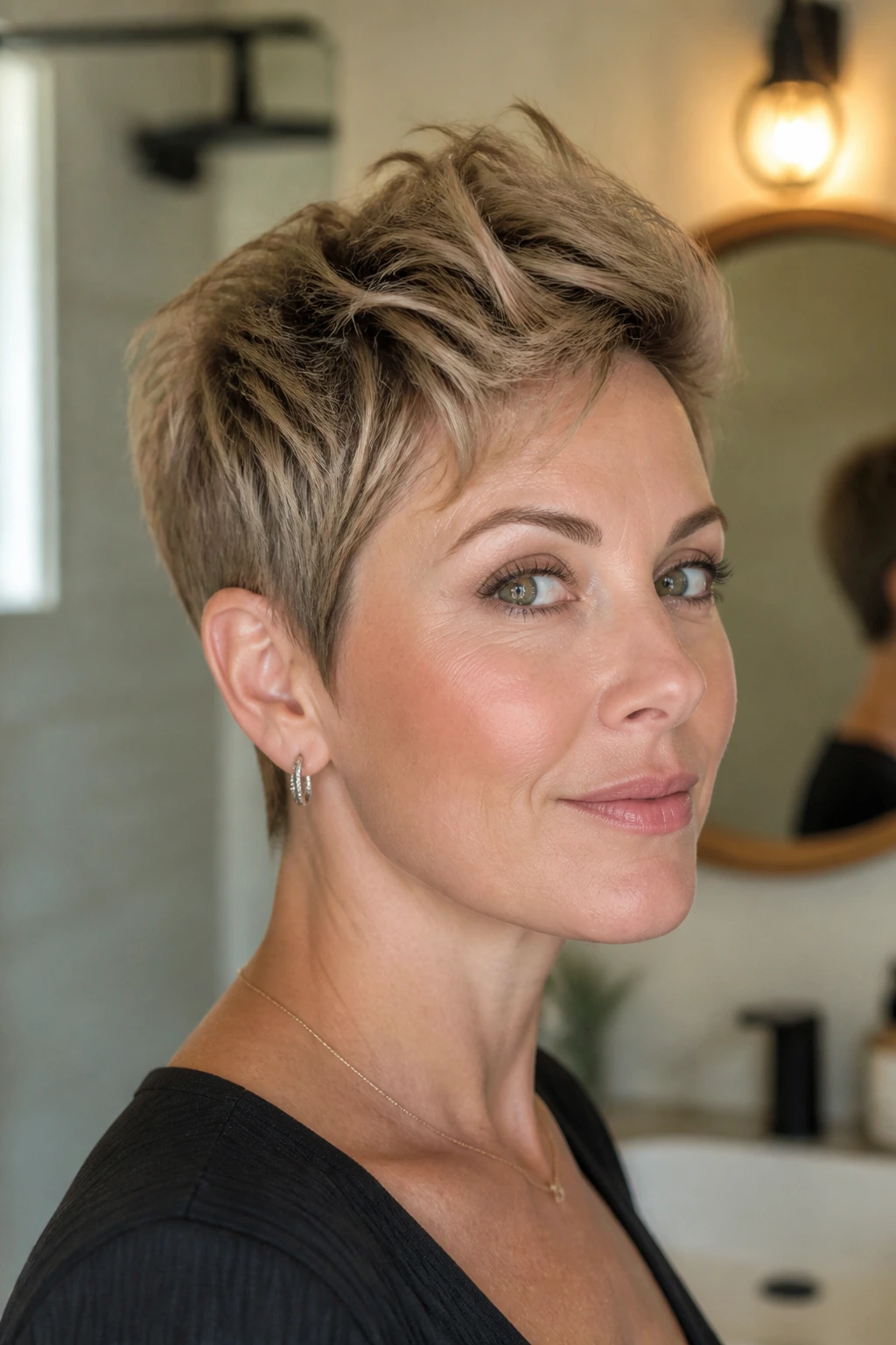 Close-up of real woman's pixie haircut held up at the crown demonstrating lift