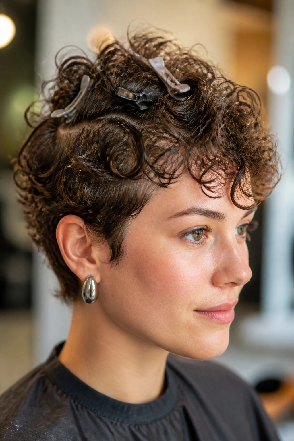 Portrait showing crown lift on curly pixie