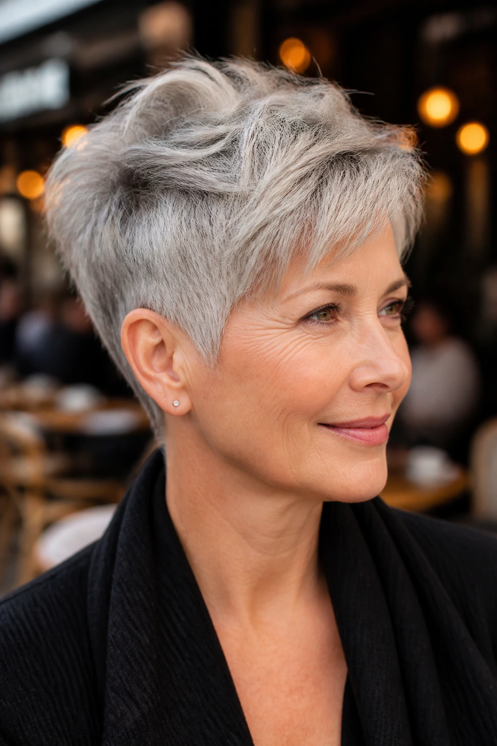 Real woman with pixie cut featuring long crown and tapered nape