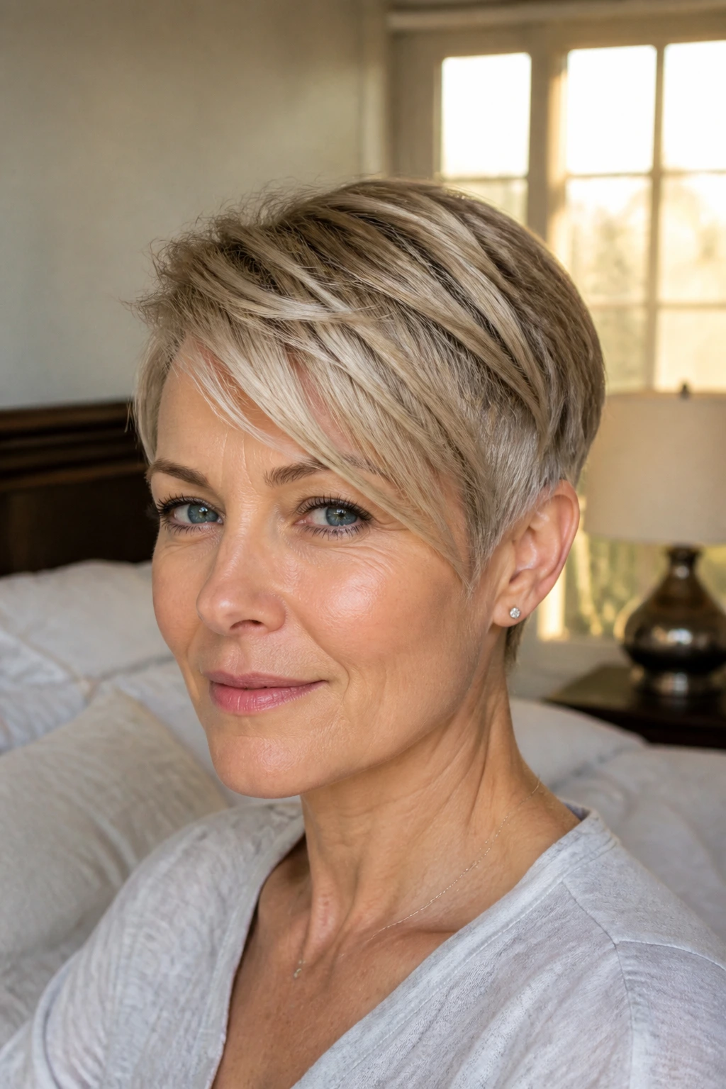Close-up portrait of a real woman with pixie with long top layers showing lift and short sides