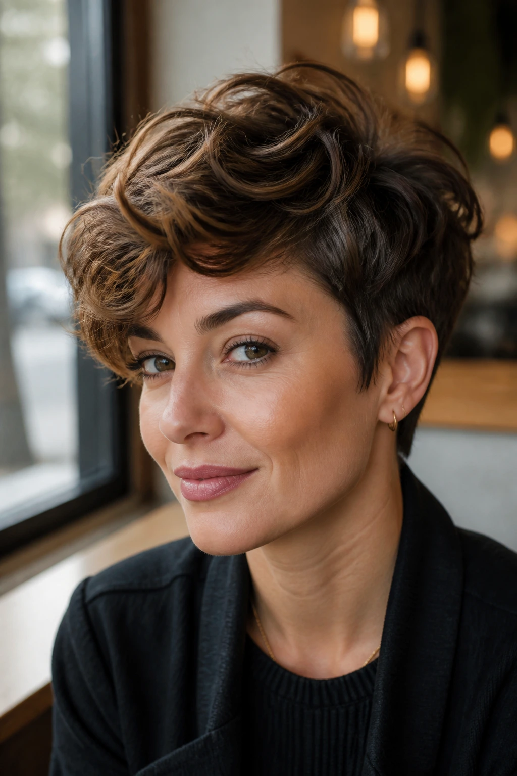 Close-up of real woman with wavy pixie and long top layers in cafe light