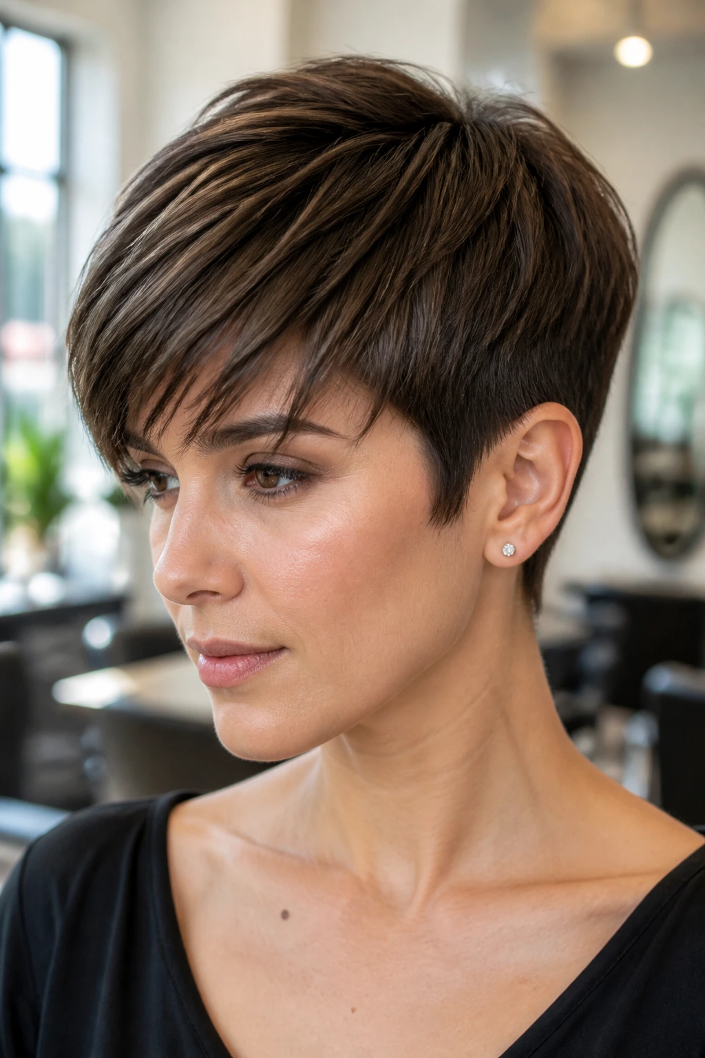 Woman with a sleek pixie and longer top layers