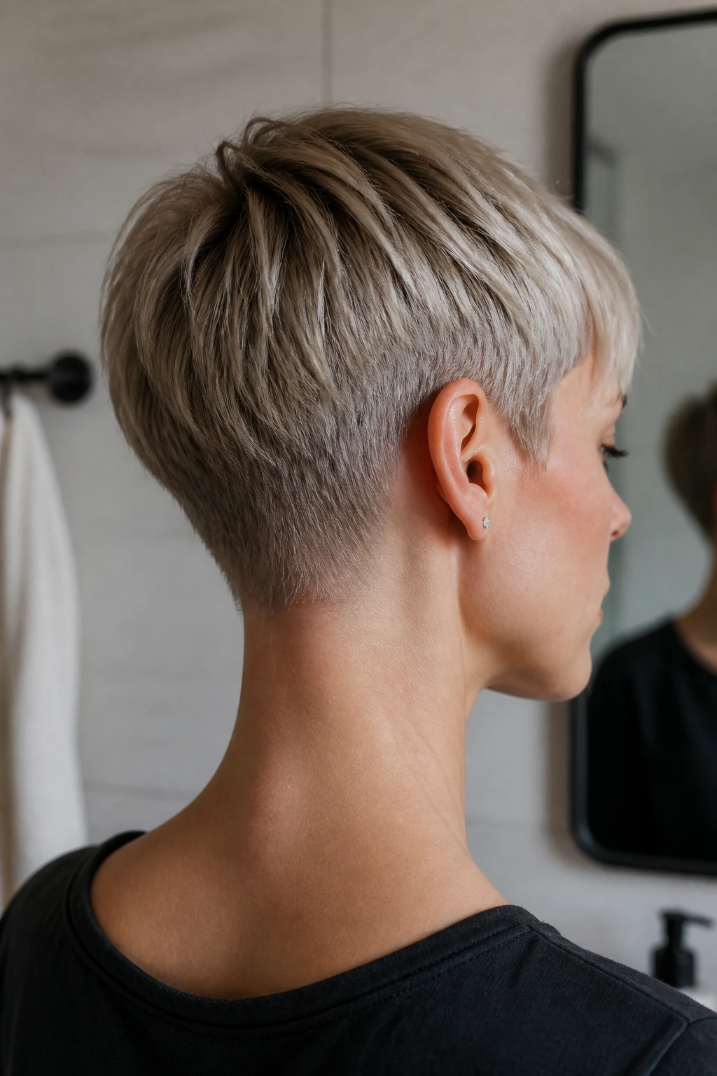 Portrait of pixie cut with crisp neckline and grooming mood