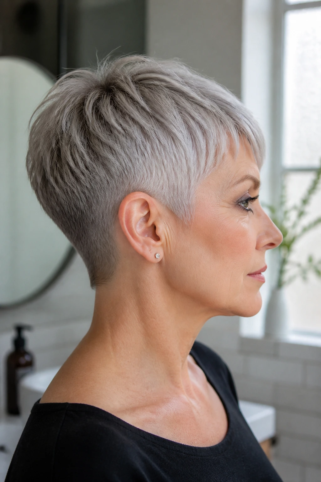 Close-up portrait of a crisp pixie shape maintained between appointments