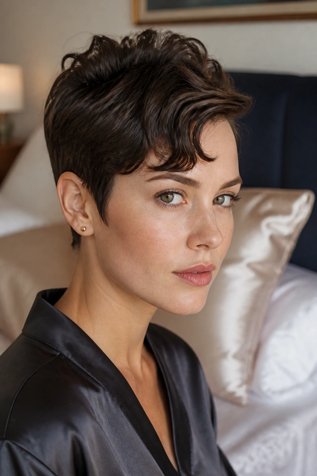 Portrait of a woman with a clean pixie silhouette in a bedroom setting.