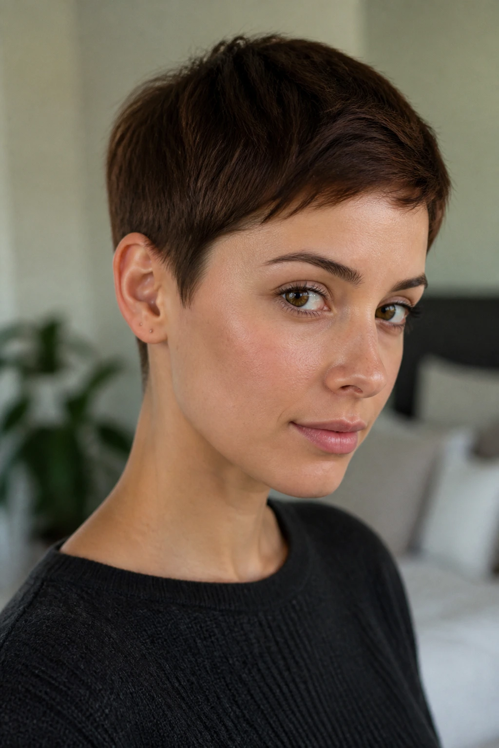 Portrait of a real person with a neatly trimmed straight pixie in a home setting