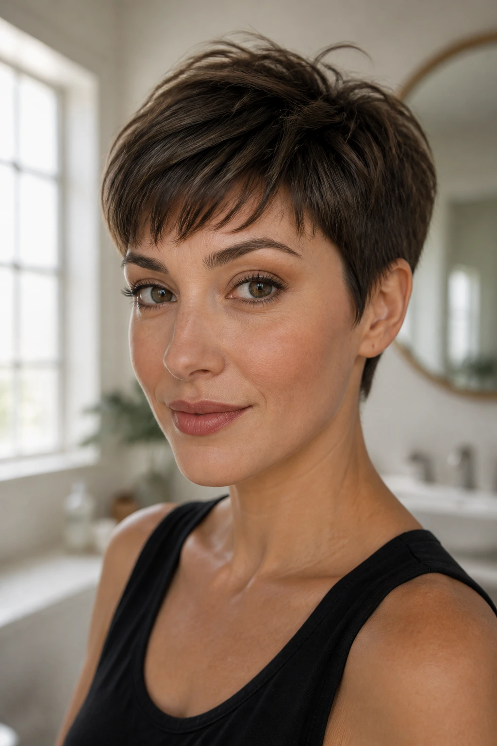 Portrait of woman with crisp pixie fringe in a tidy room.