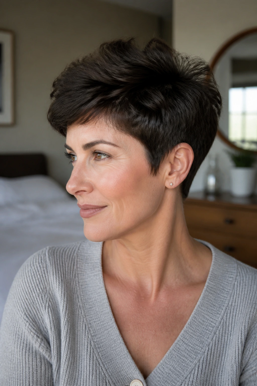 Close-up of a woman with a crisp thick pixie in a cozy morning setting