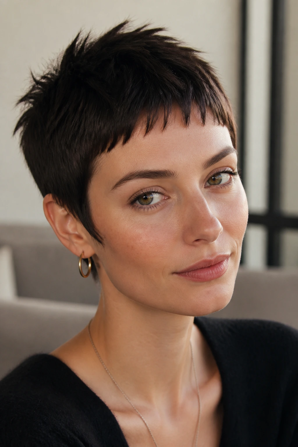 Real person with a pixie cut and micro bangs.