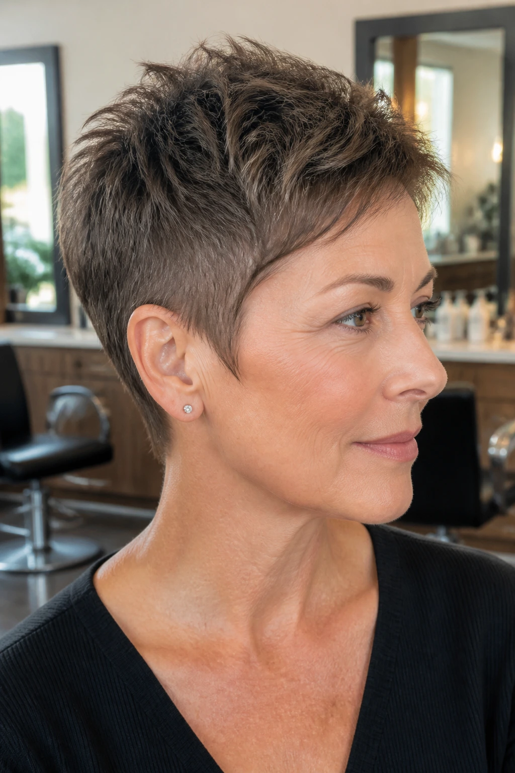 Close-up portrait of real person with tapered micro pixie showing clipped nape and longer top