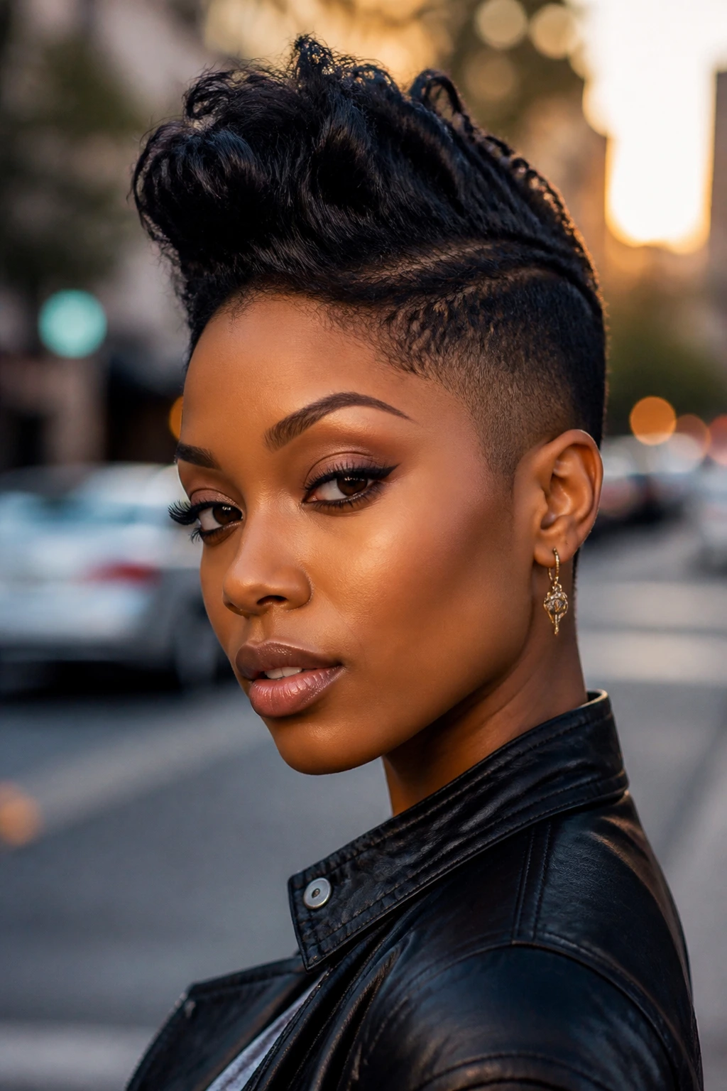 Portrait of a woman with pixie mohawk and tapered sides.