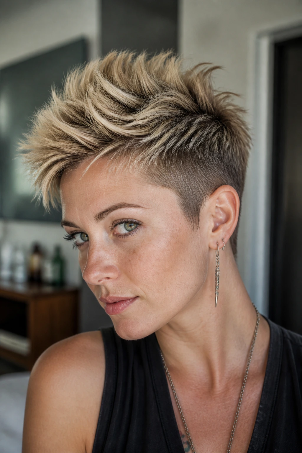 Close-up of a real woman with a pixie mohawk and choppy texture