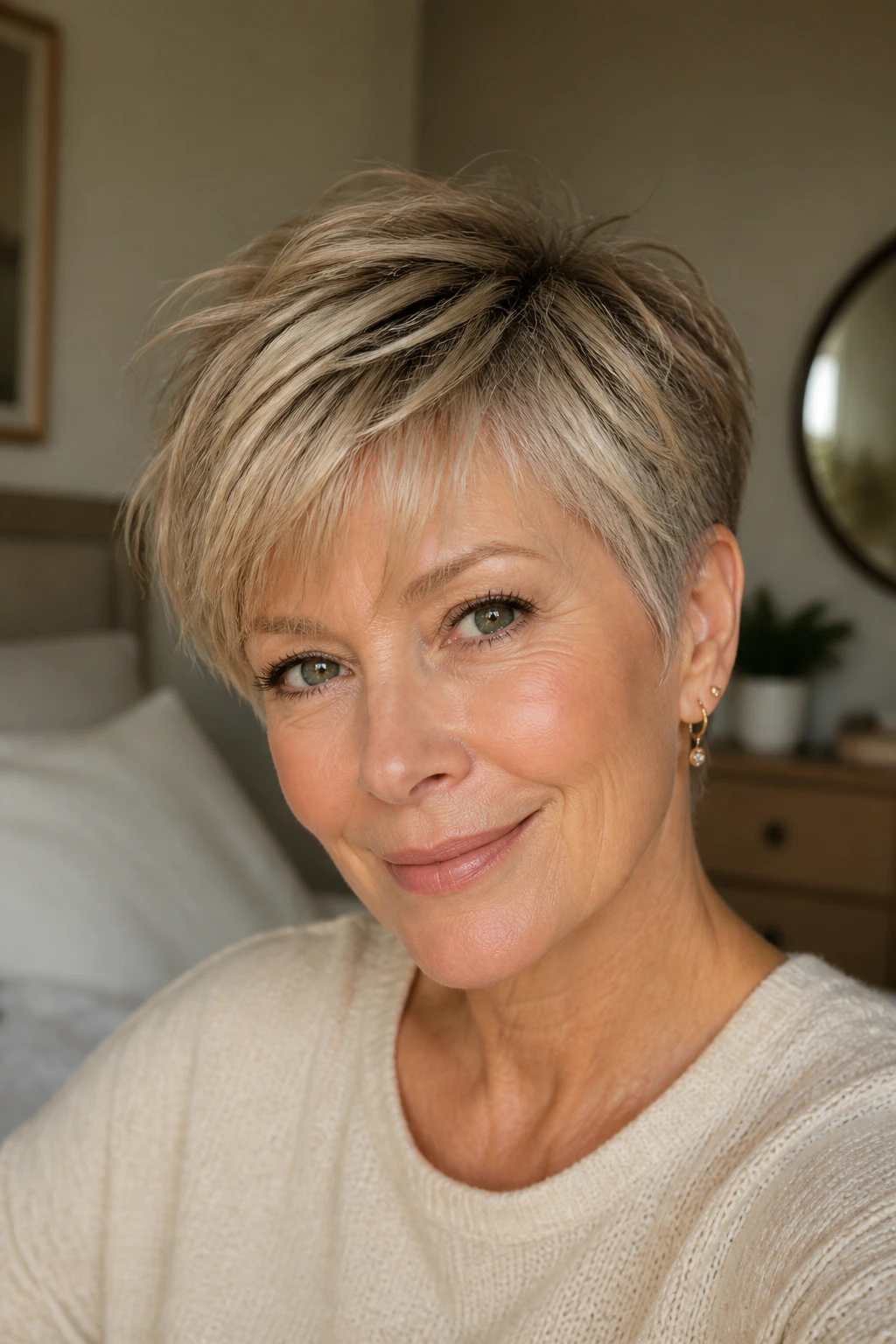 Close-up portrait of a real person with a pixie cut styled soft and feathered, mood-focused.