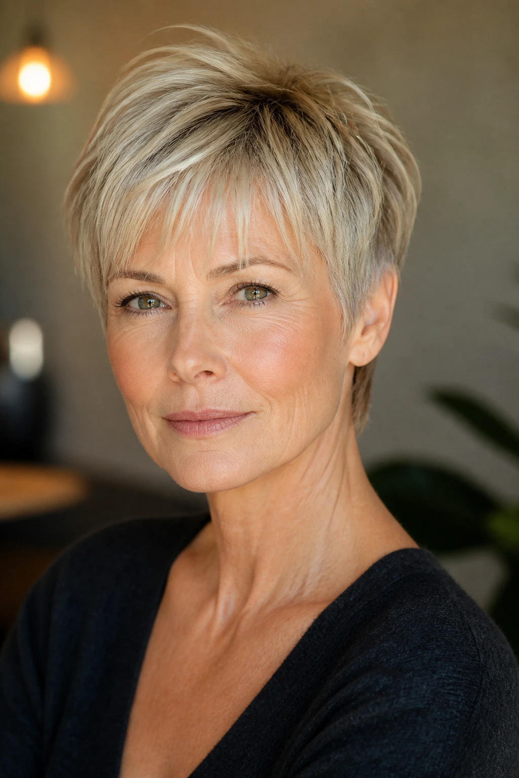 Close-up of pixie cut with feathered edge fringe to alter mood.