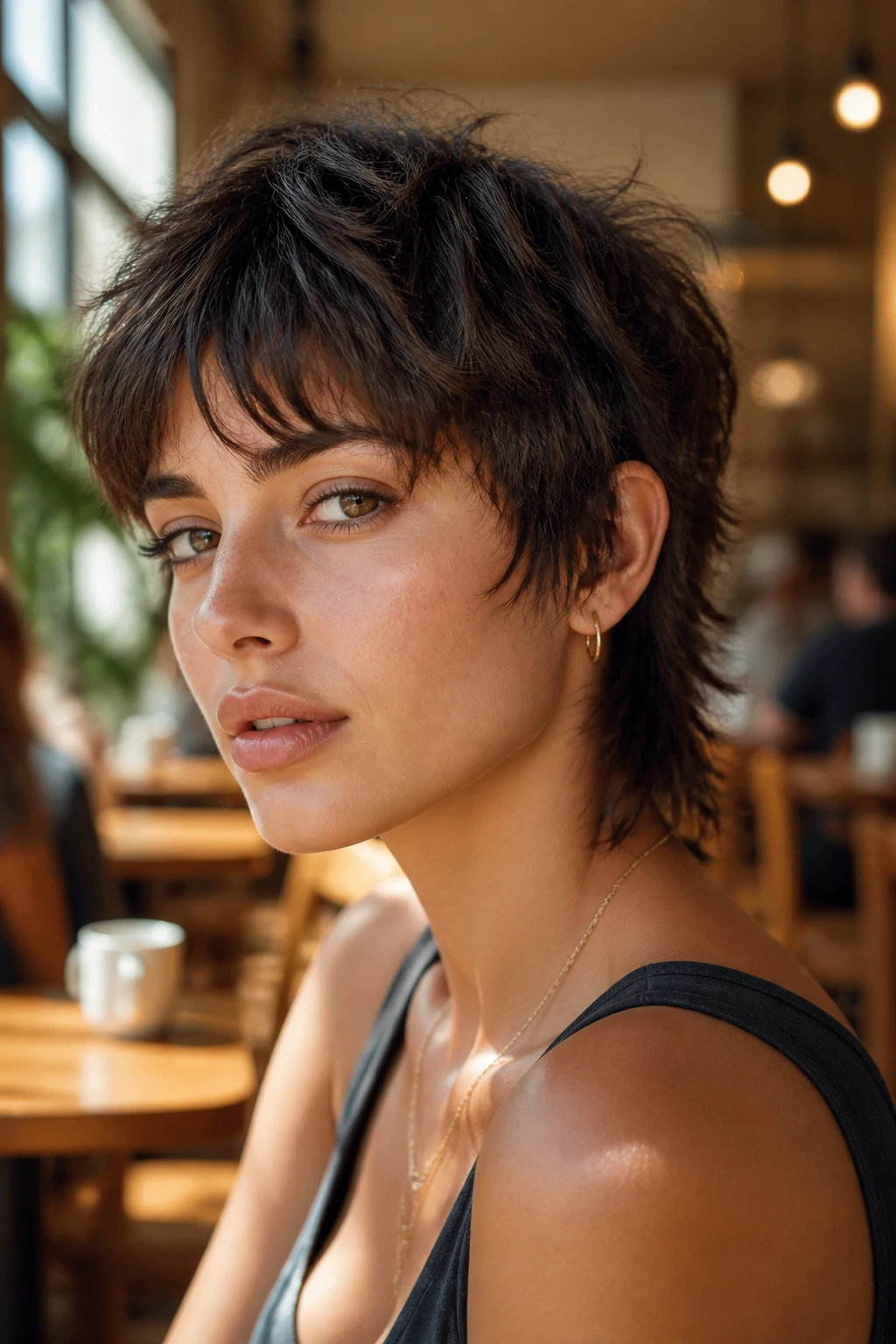 Close-up portrait of a real woman with choppy French-Girl pixie shag mullet in warm cafe light