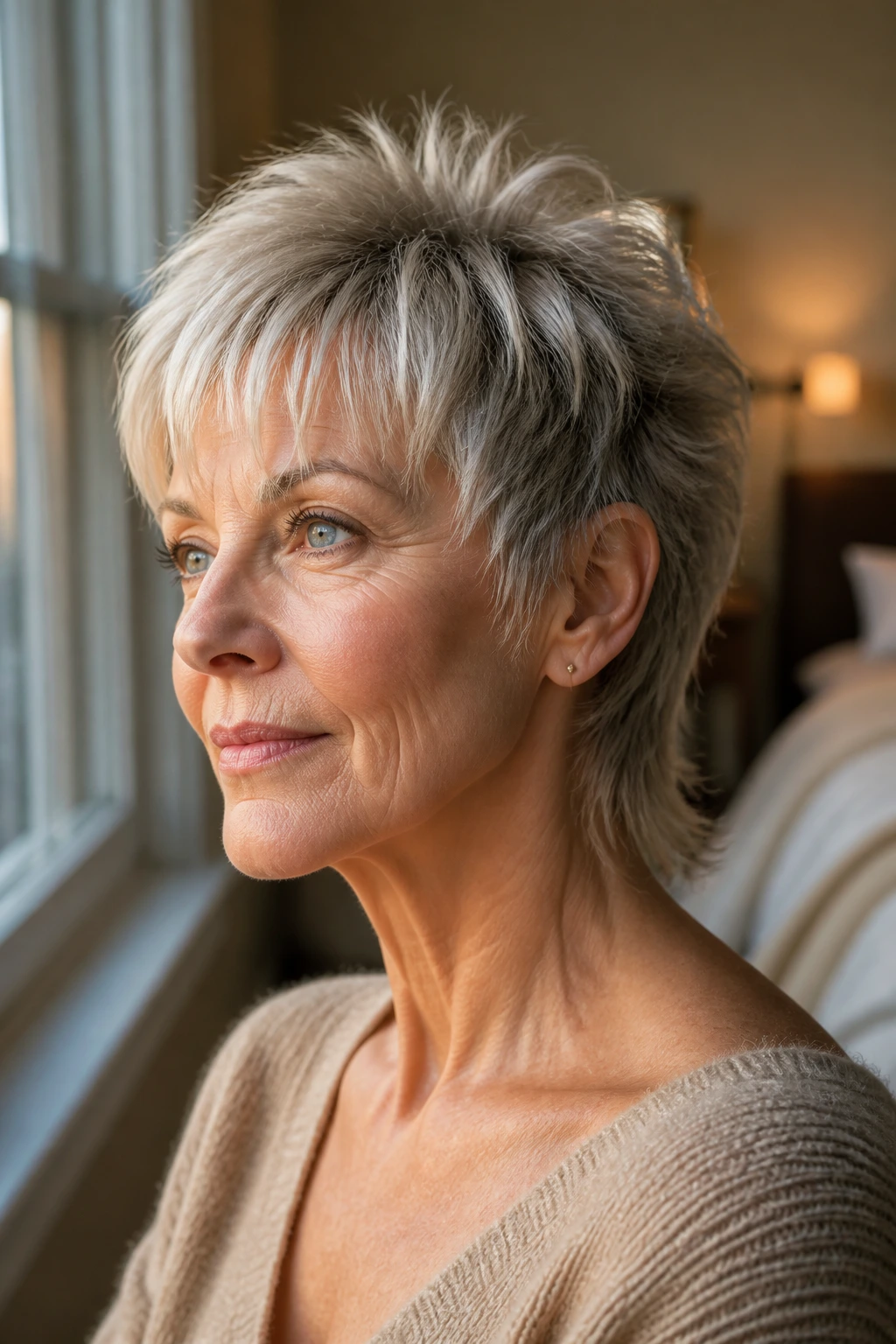 Close-up of an older woman with a pixie mullet showing crown lift and feathered fringe in warm window light