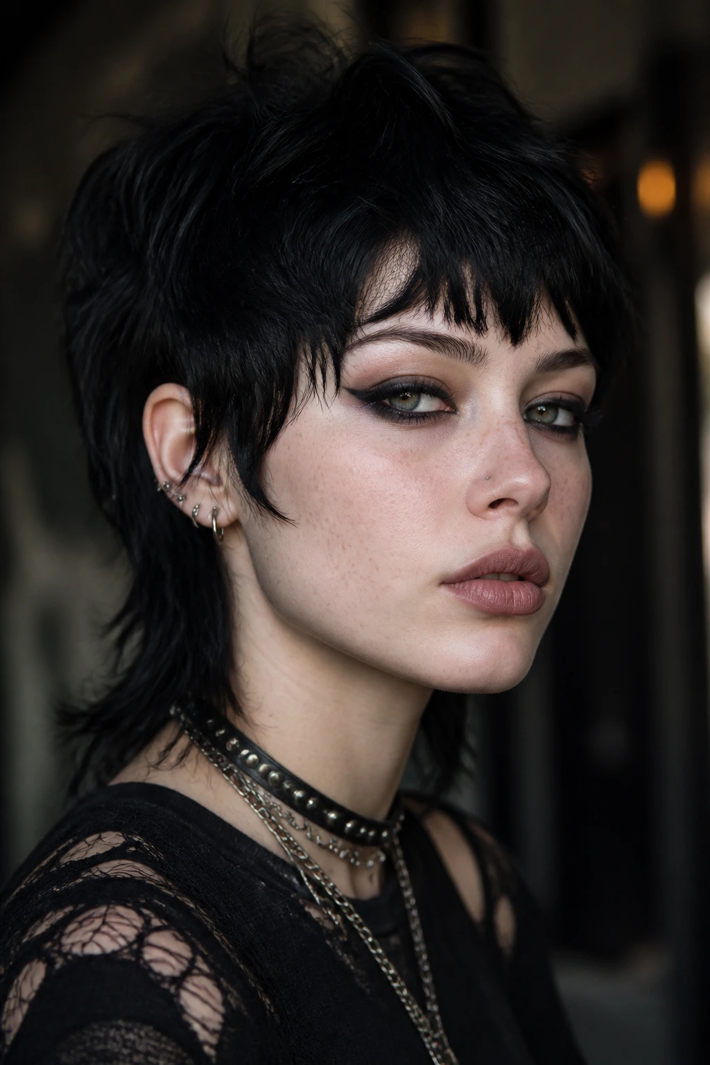 Real person with messy goth fringe and pixie mullet in moody light