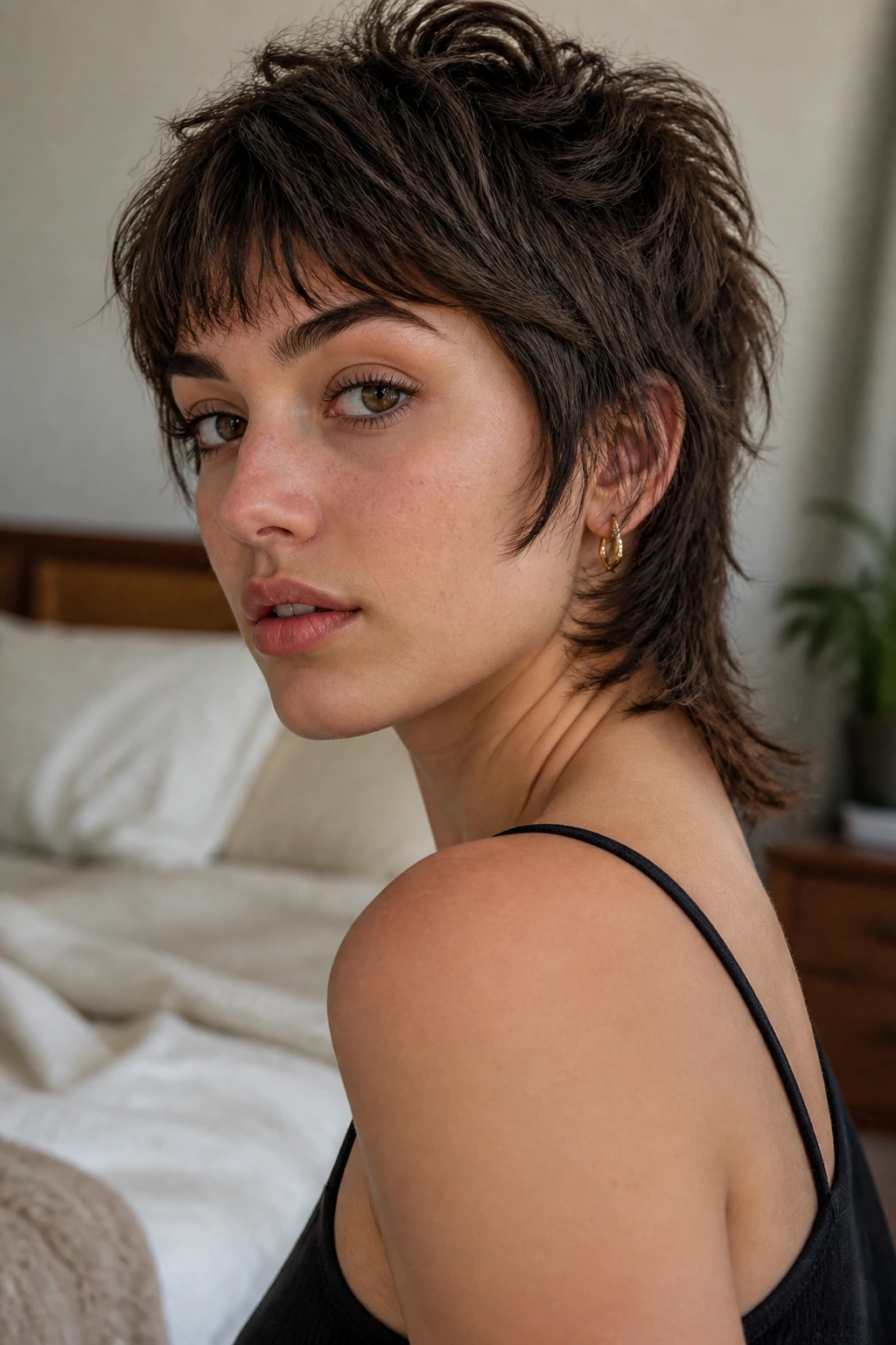 Close-up portrait of a real person with a grown-out pixie mullet in warm bedroom light