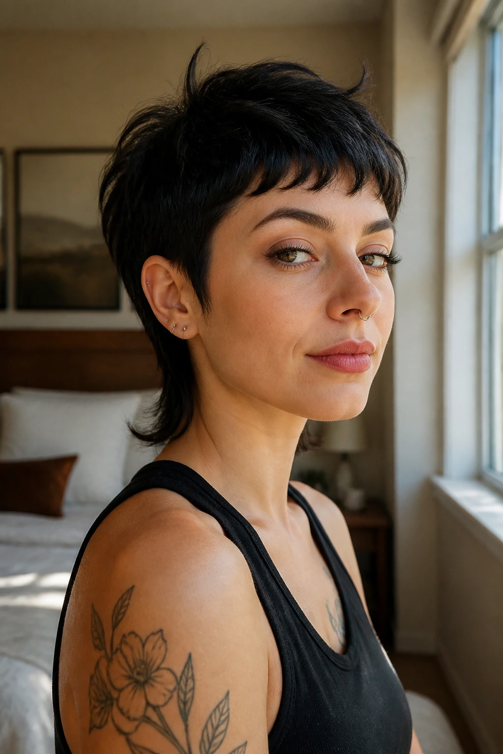 Close-up portrait of a real woman with pixie mullet hairstyle featuring a cropped crown and short back tail.