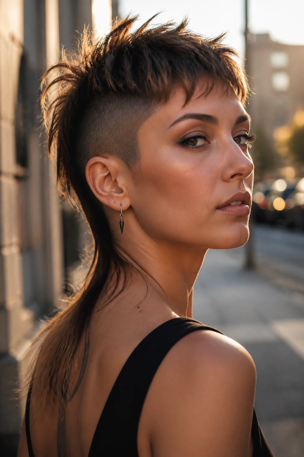 Close-up portrait of a real woman with a pixie-mullet hybrid hairstyle showcasing short top and skinny back tail in an urban golden-hour setting