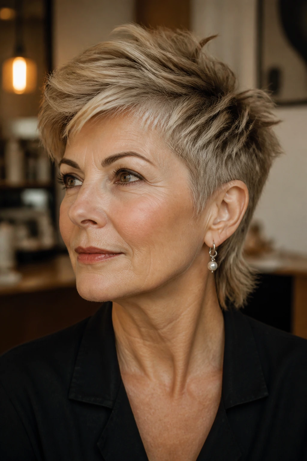 Close-up of a real woman with a pixie-mullet hybrid and tapered sides