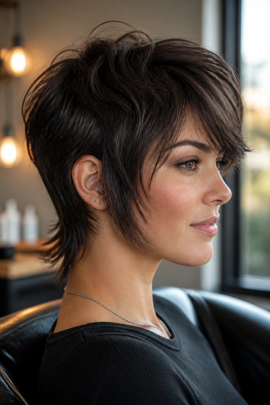 Close-up portrait of a real woman with side-swept pixie mullet and long temples in warm window light