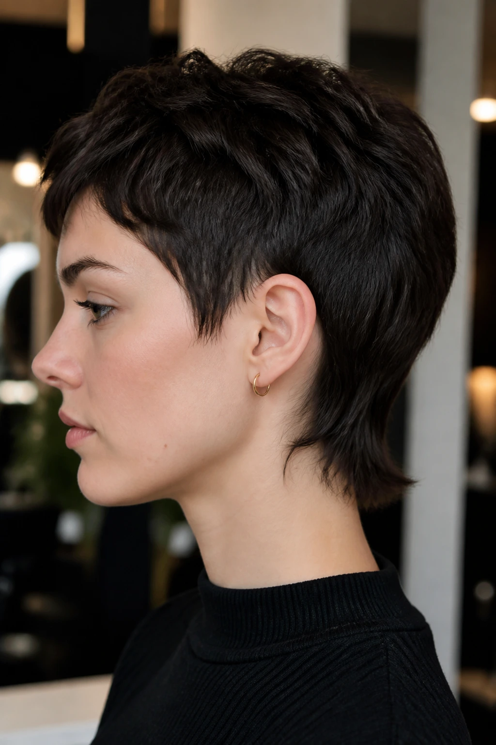 Profile portrait of a person with pixie-length mullet and tight nape