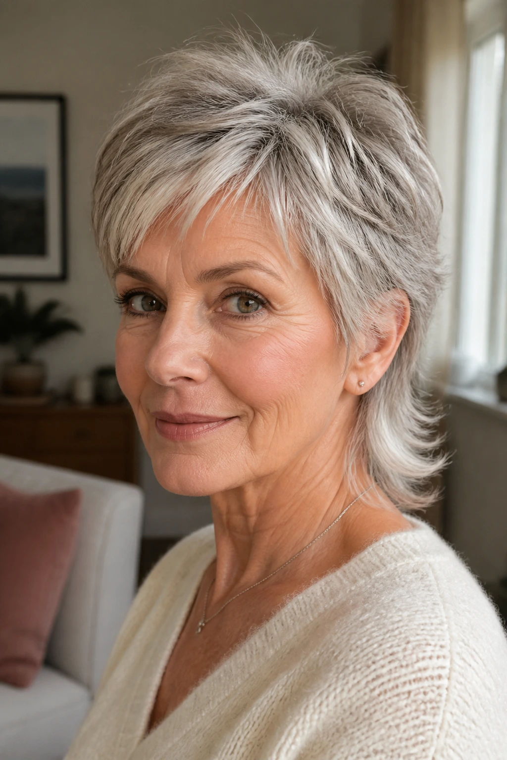 Close-up portrait of an older woman with a crown-lifted pixie mullet.