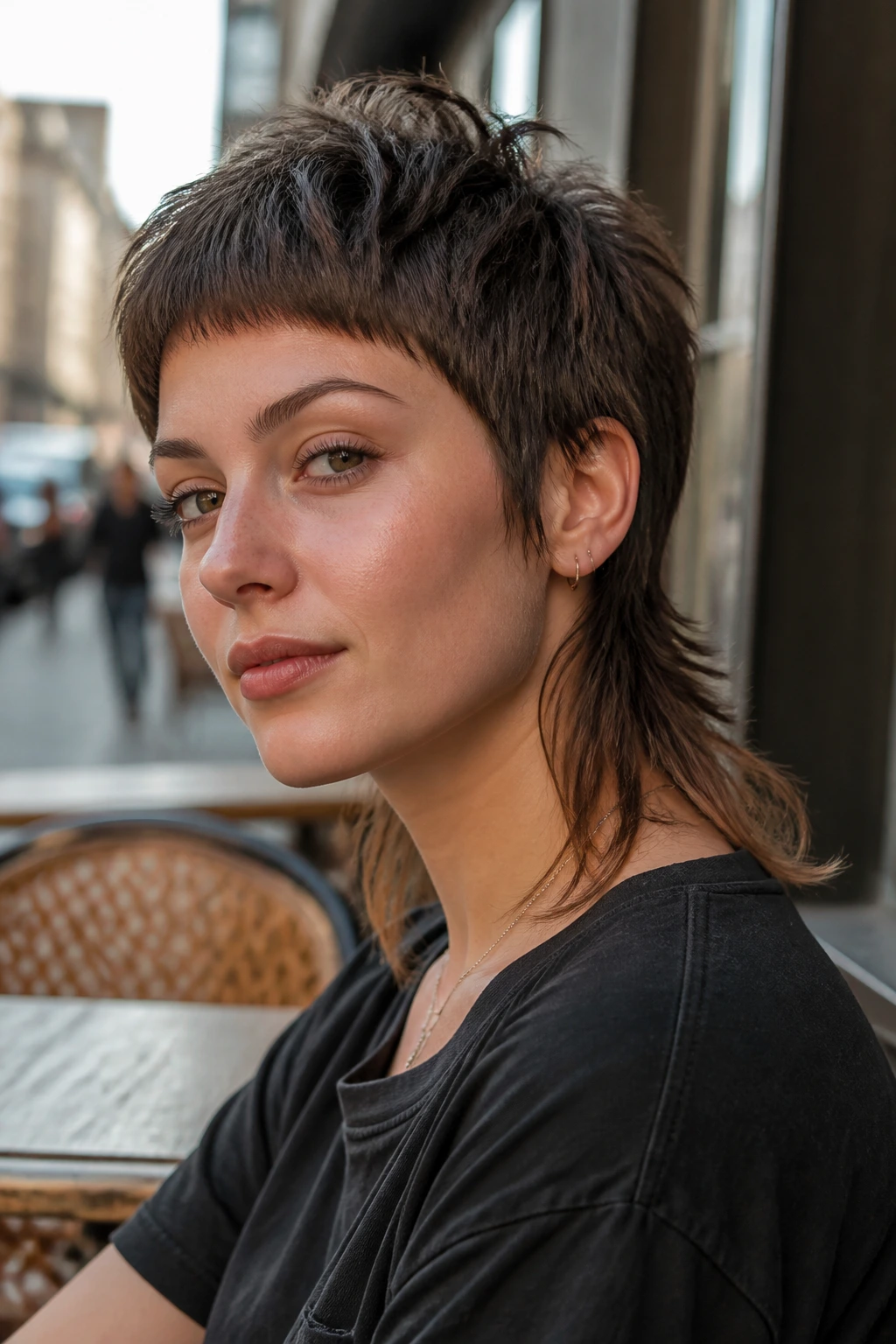 Portrait of a real person with pixie mullet showing short fringe and longer back.