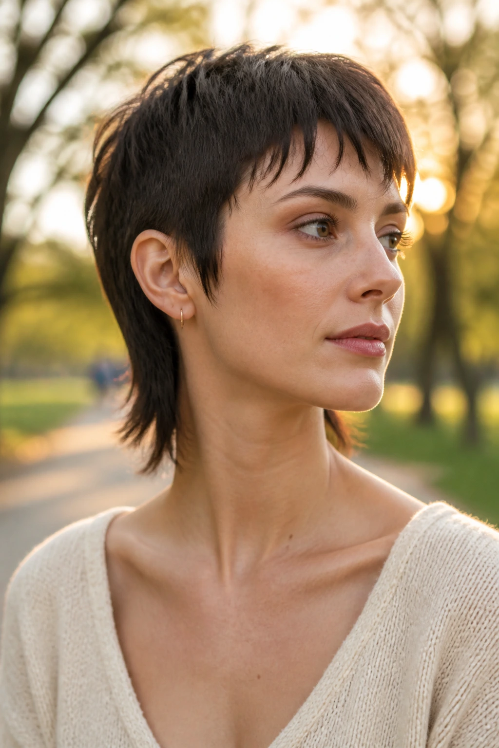 Real woman with soft mullet pixie in a sunlit park