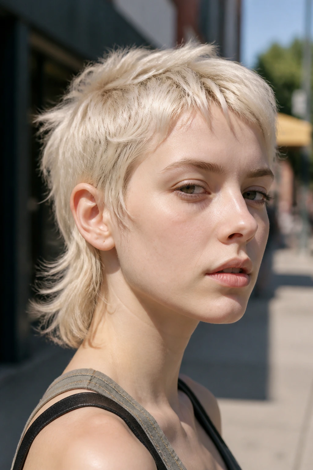 Close-up of a real person with a pixie mullet on pale skin in a sunlit urban street