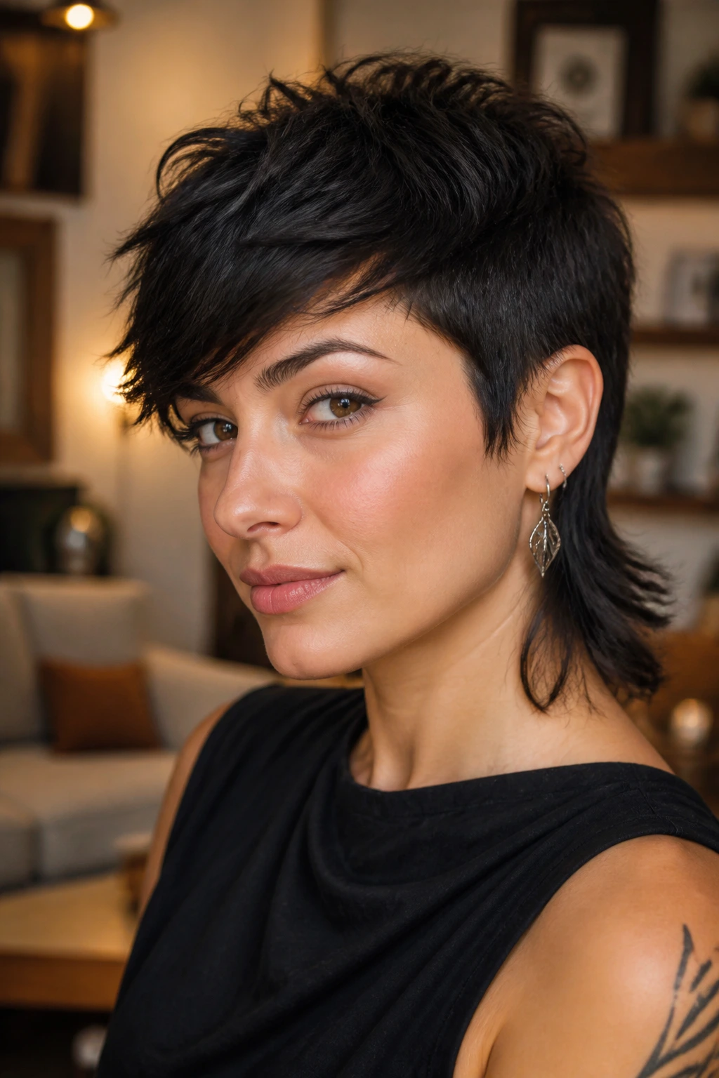 Close-up of a real woman with pixie-mullet and side sweep hairstyle