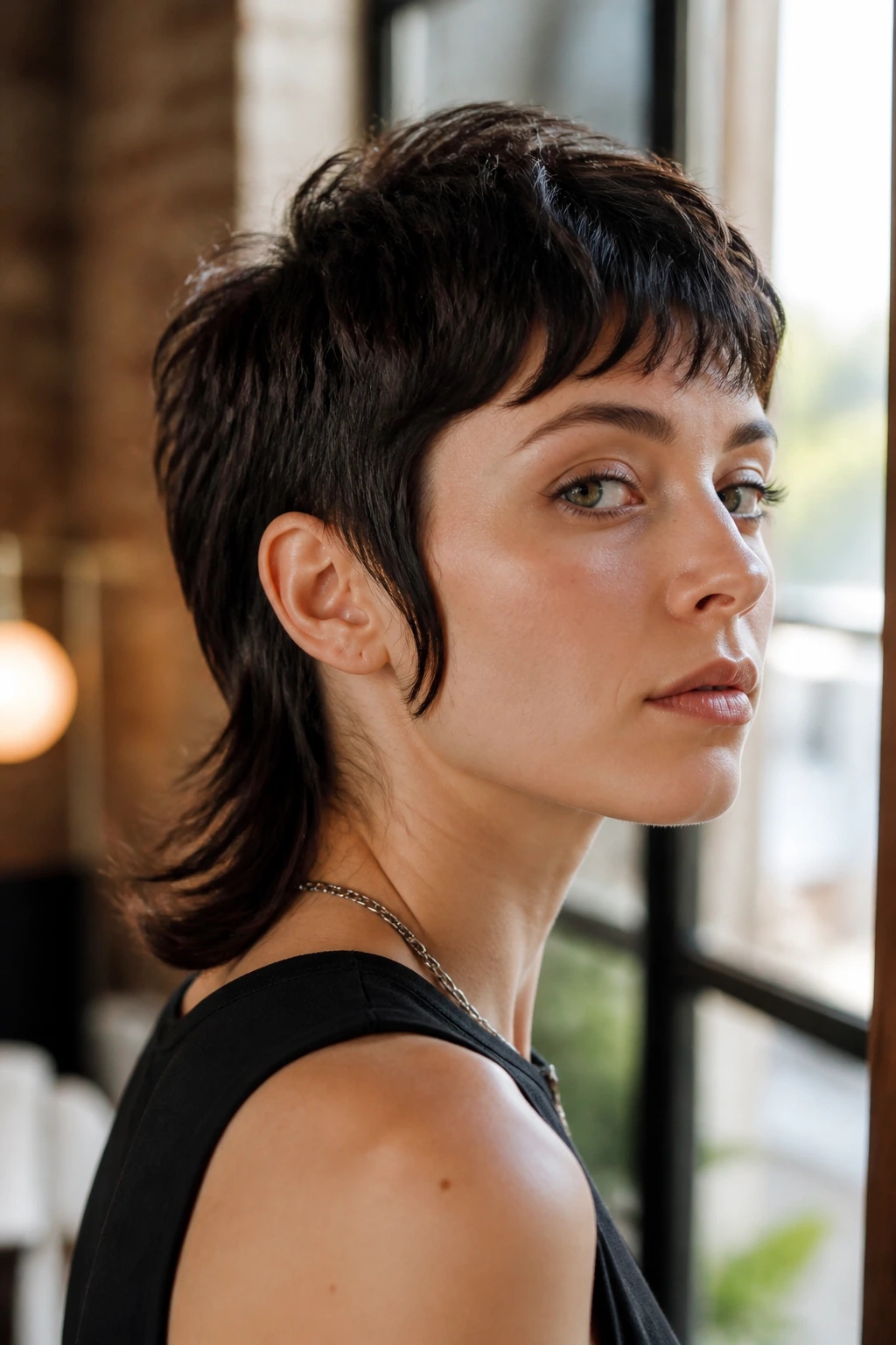 Portrait of a woman with pixie mullet and visible sideburns.