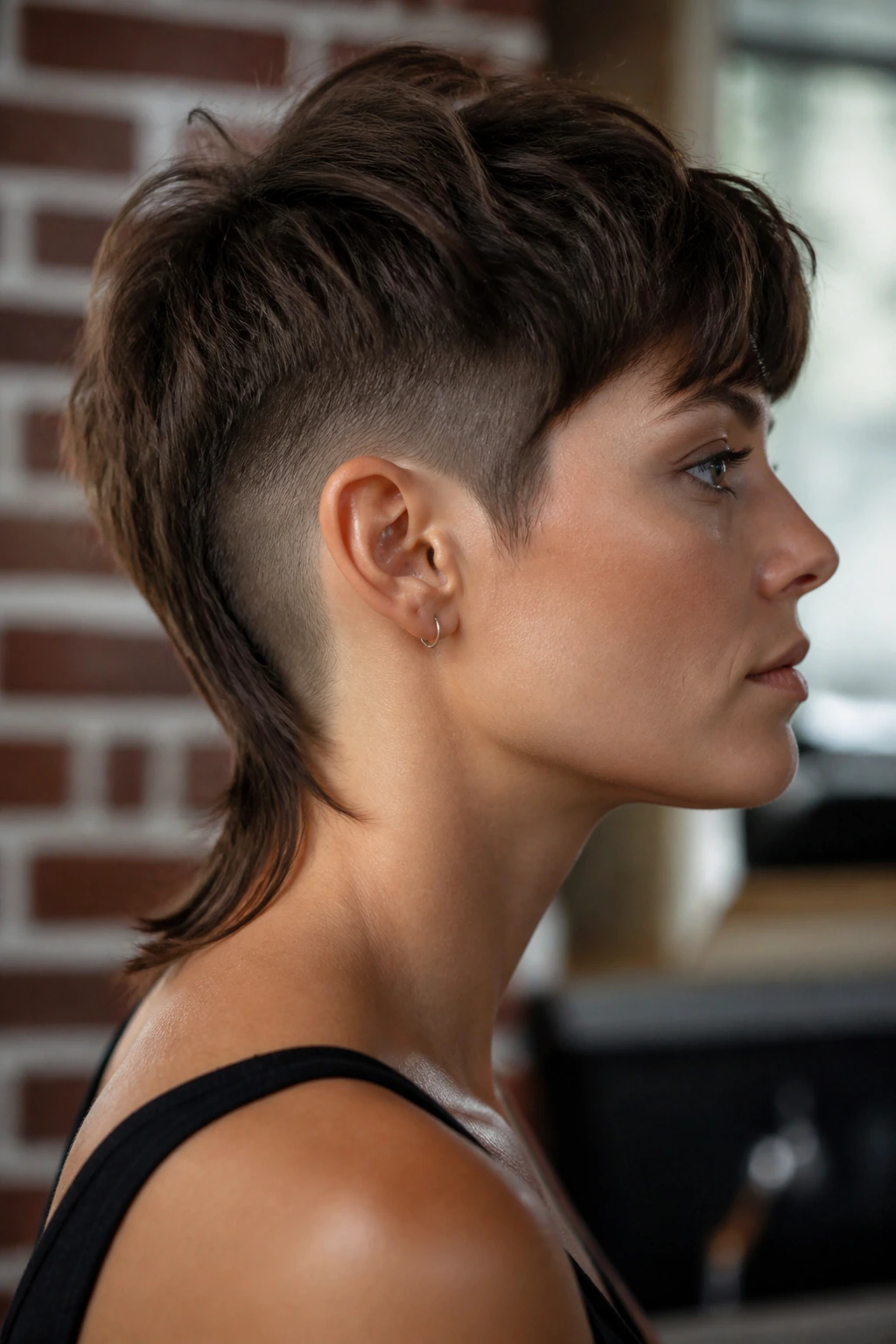 Real woman with pixie mullet and shaved back