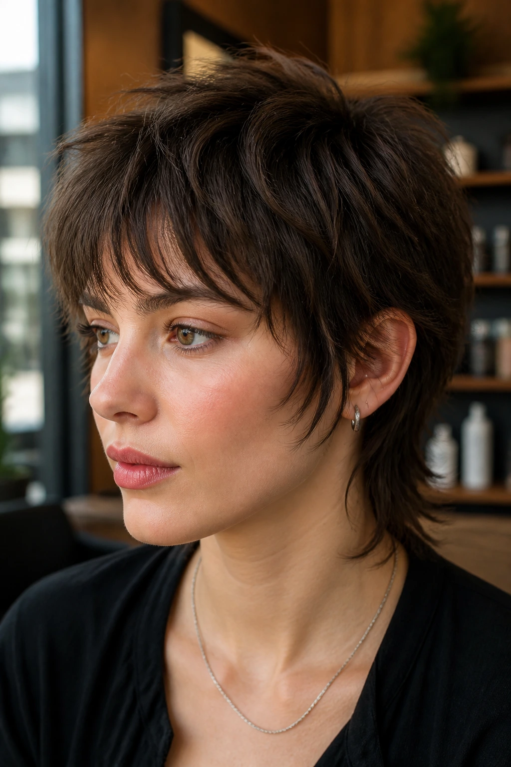 Close-up portrait of a real woman with a sculpted pixie mullet and wispy bangs in a sunlit salon.