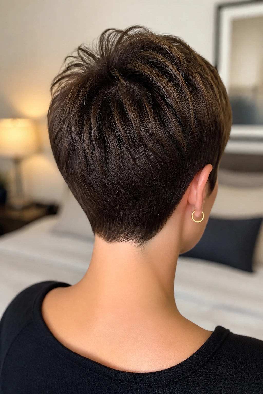 Back view of real woman showing tidy pixie neckline.