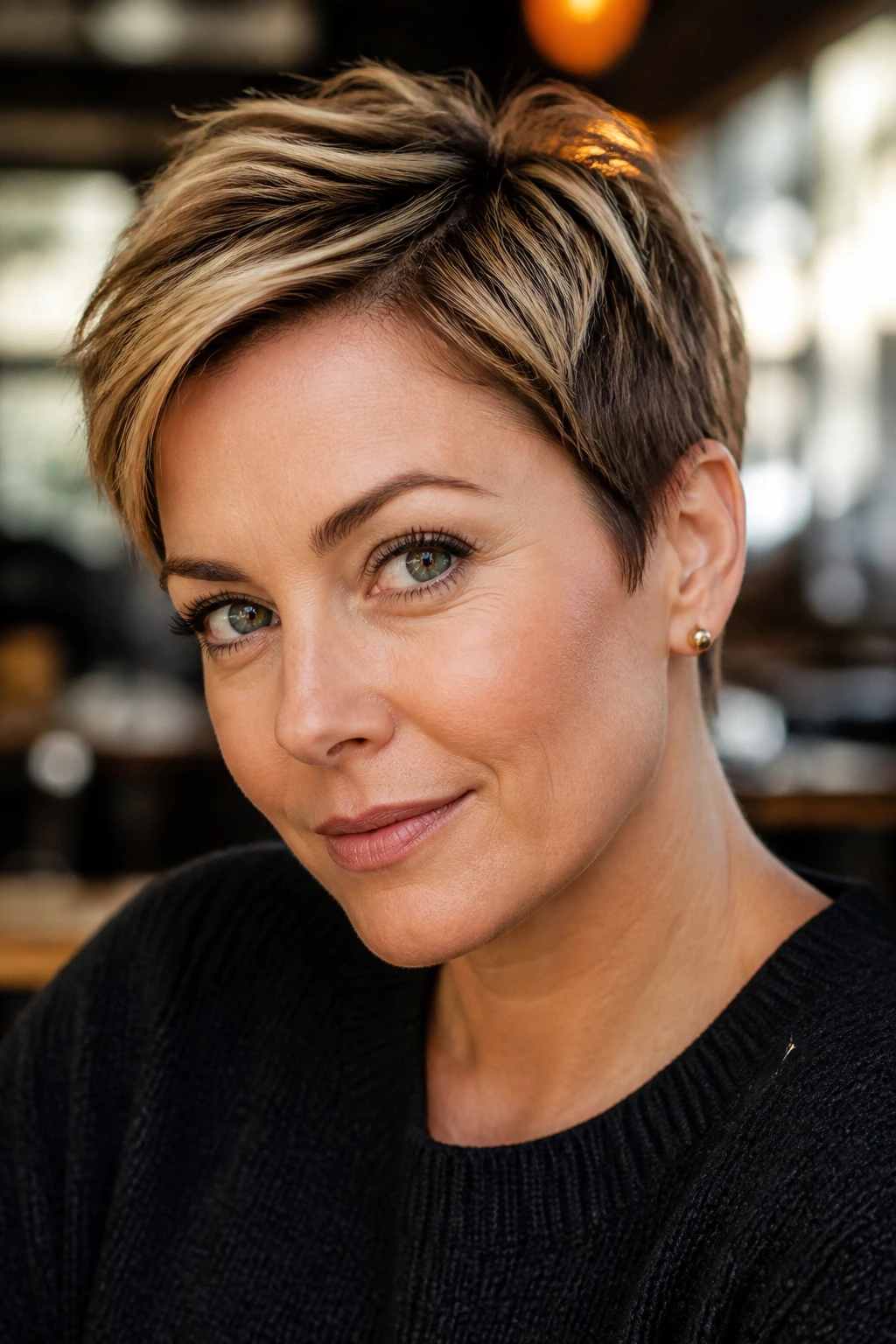 Pixie cut with shifted part and crown highlights in cafe setting