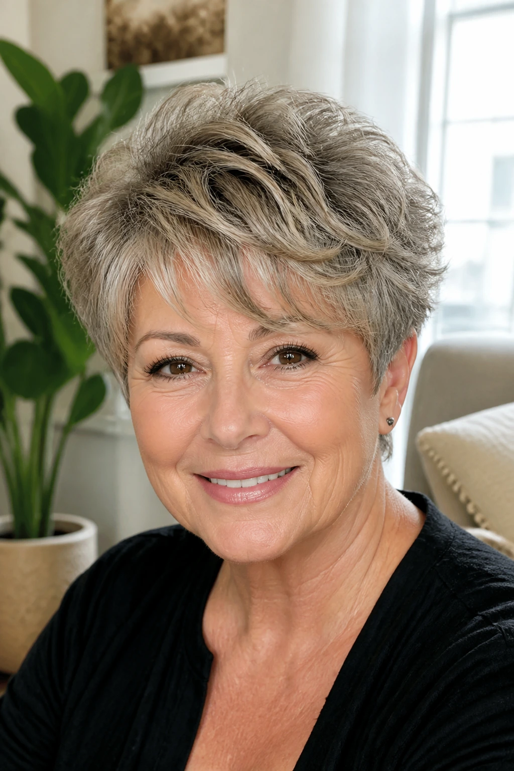 Close-up portrait of an older woman with a soft layered pixie perm