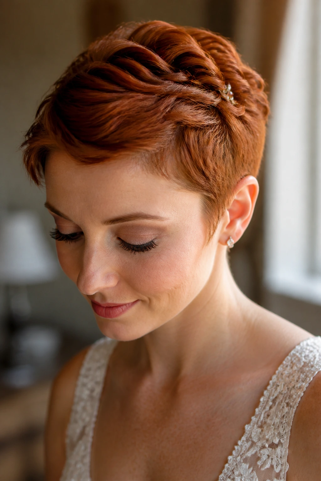 Real bride with pin-tucked pixie and hidden waves in red hair