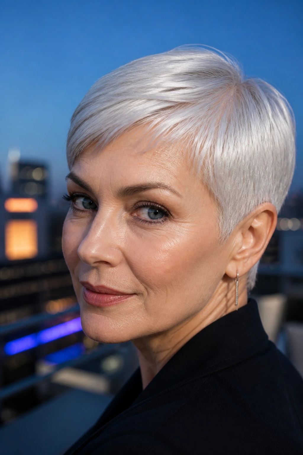 Close-up of a real woman with a platinum sleek pixie under blue-hour rooftop lighting