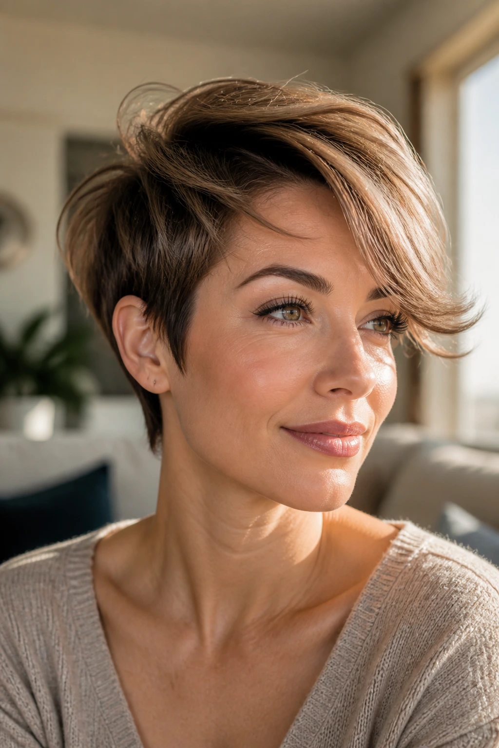 Real woman with pixie-plus side sweep hairstyle in sunlit living room