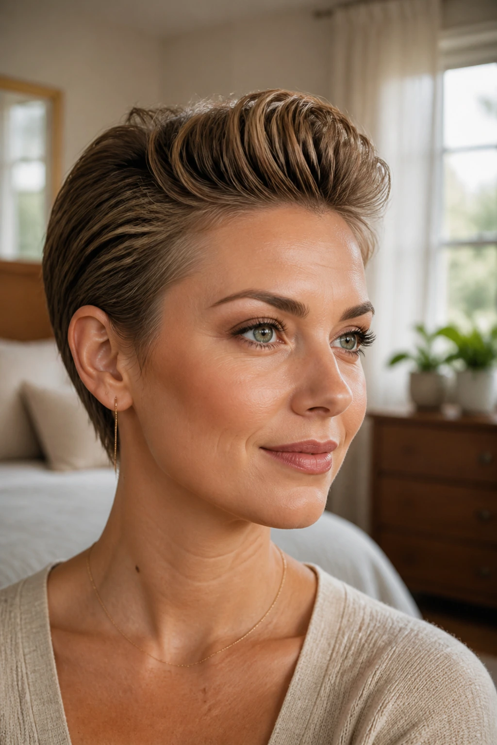 Close-up portrait of a real woman with a pinned-back pixie pompadour under warm daylight.
