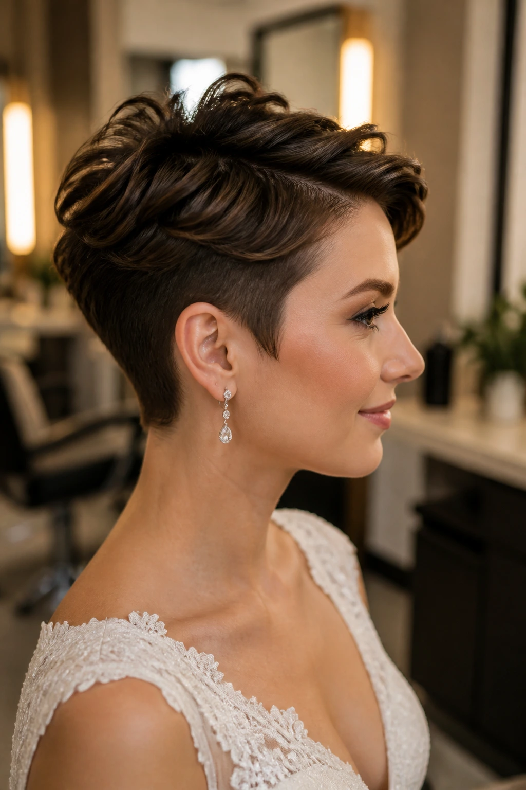 Profile portrait of a real bride with pixie haircut in a salon.
