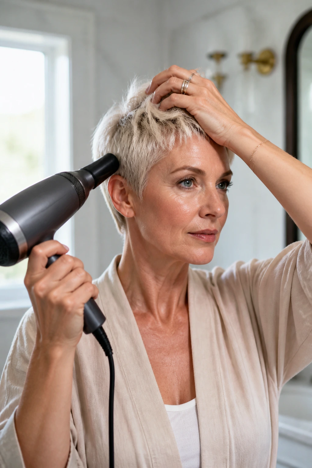 Portrait of a real woman styling a pixie in under ten minutes