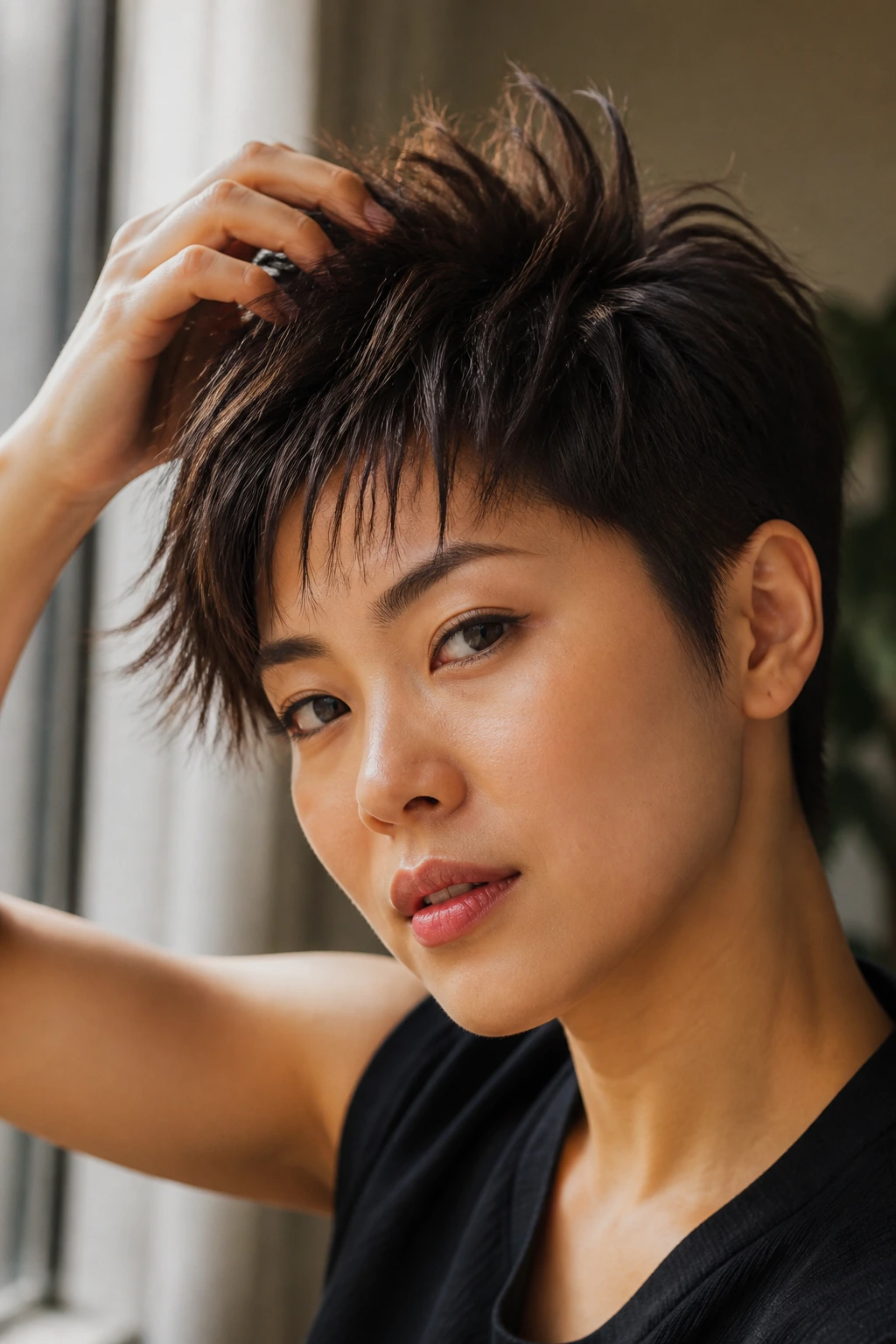 Close-up portrait of a real Asian woman with a pixie quiff texture