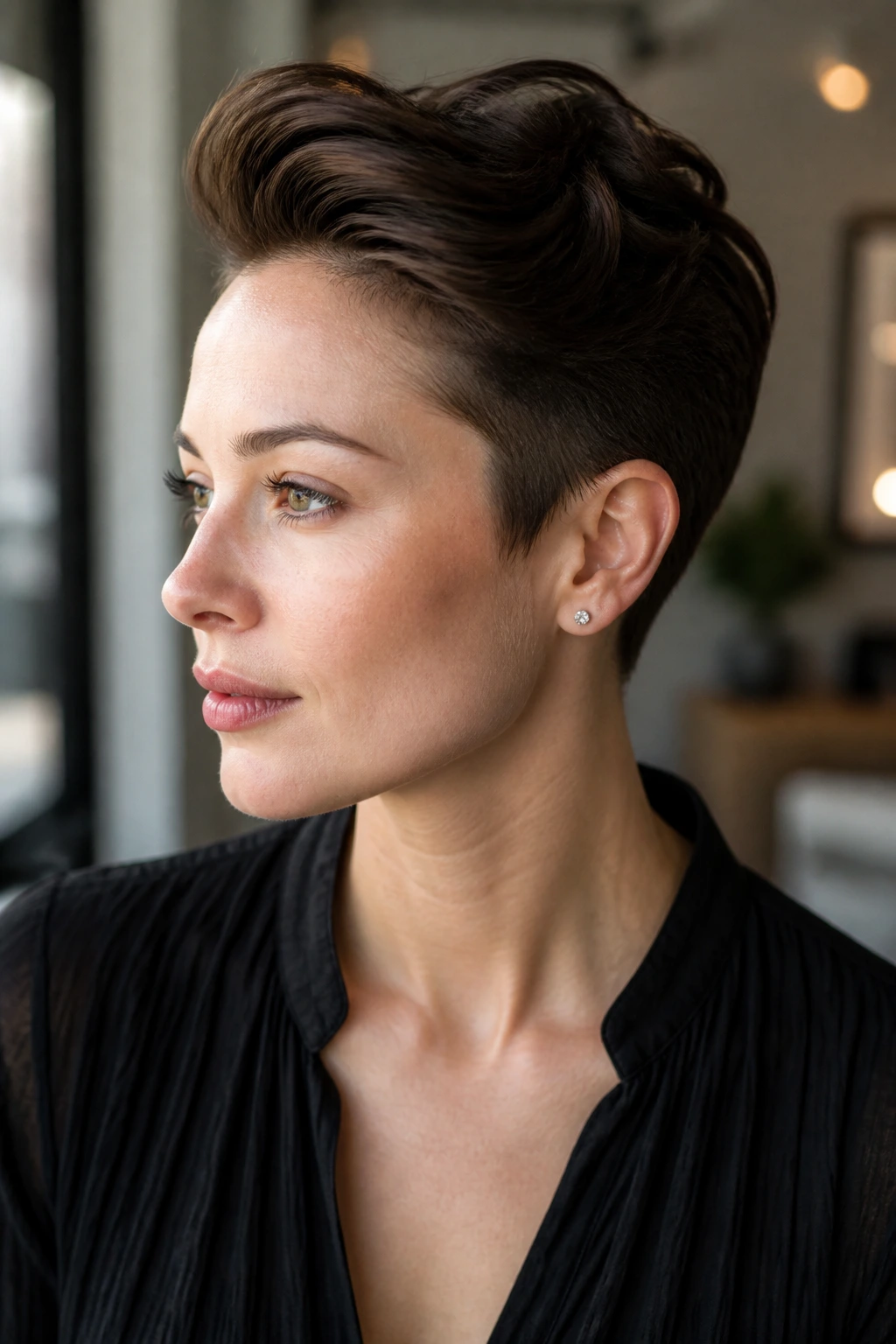 Portrait with pinned pixie roll on short hair.